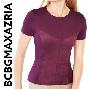 BCBGMAXAZRIA‎ Denna Faux Suede Peplum Top in Plum, Size XXS